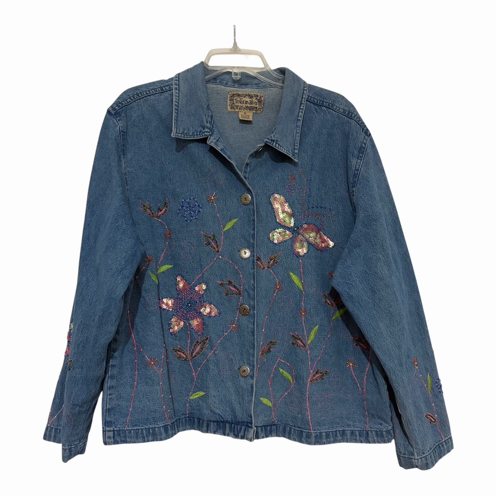 Tantrums Denim Jacket Blue Embroidered Floral Sequins Butterfly Button Up XL